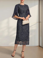 Sheath/Column Scoop Tea-Length Lace Chiffon Mother of the Bride Dress