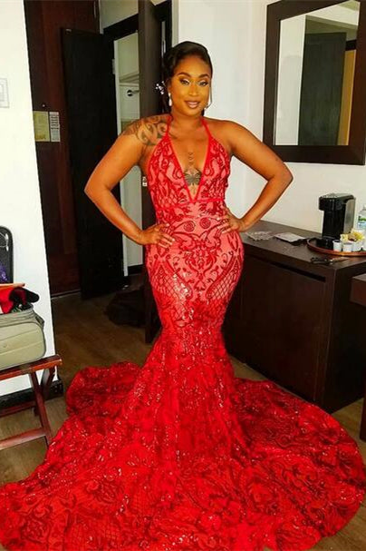 Halter Deep V Neck Open Back Sexy Lace Mermaid Prom Gown
