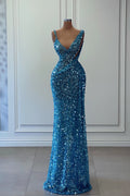 Off The Shoulder Sleeveless Mermaid Long Prom Gown with Sequins