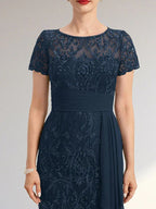 Sheath Scoop Illusion Knee-Length Lace Chiffon Mother of the Bride Dress With Cascading Ruffles Sequins