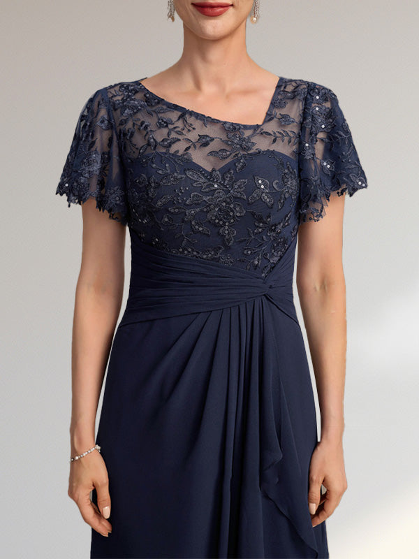 A-line Asymmetrical Illusion Floor-Length Lace Chiffon Mother of the Bride Dress With Cascading Ruffles Sequins