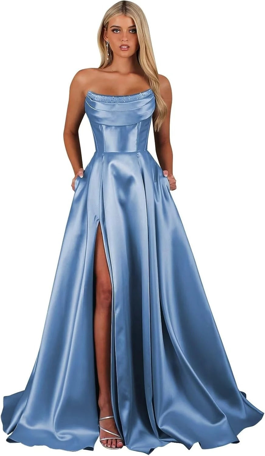 Strapless Corset Prom Dresses for Women with Slit Long Satin Formal Evening Gowns with Pockets Elegant Sleeveless Party Dress