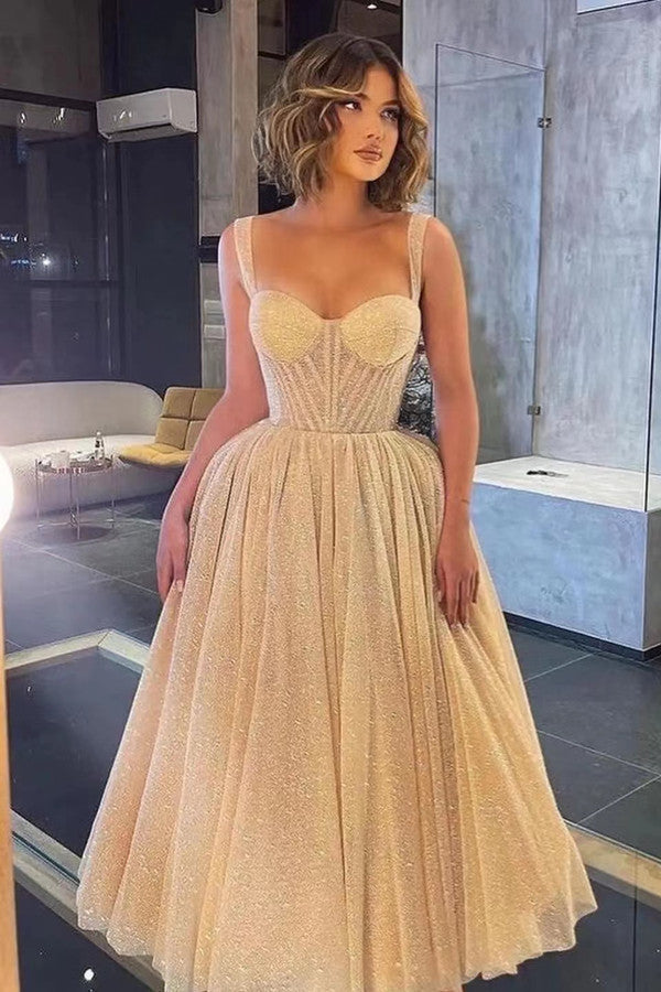 Elegant Spaghetti-Strap Sweetheart Sequins Prom Dress With Tulle