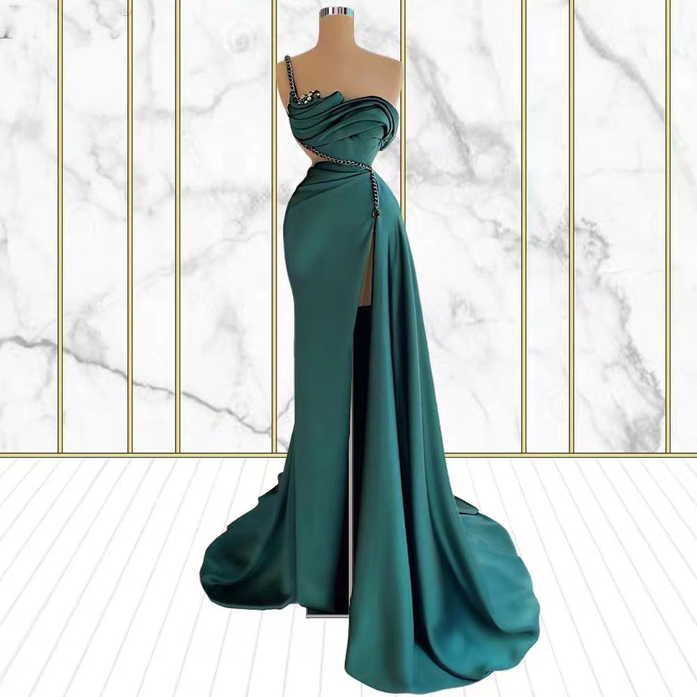 One Shoulder Emerald Rhinestone Mermaid Prom Dress With Split