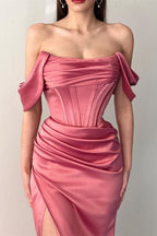 Off The Shoulder Mermaid Prom Dress with Elegant Pleats and Daring Split