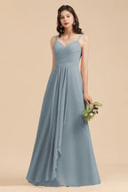 Affordable V-Neck Ruffle Dusty Blue Chiffon Bridesmaid Dresses