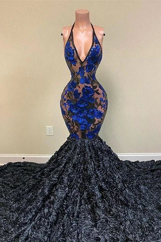 Amazing Black Appliques V-neck Halter Sleeveless Floor-length Mermaid Prom Dresses