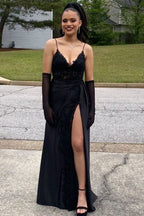 Amazing Long Black V-neck Spaghetti Straps Lace Sleeveless Prom Dress With Slit