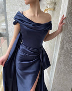 Amazing Long Navy Off-the-shoulder Mermaid Prom Dress With Slit