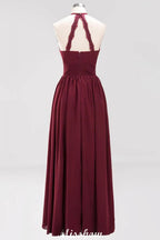 Appliques Halter Sleeveless Floor-Length Bridesmaid Dresses with Ruffles A-line Chiffon Evening Maxi Dress