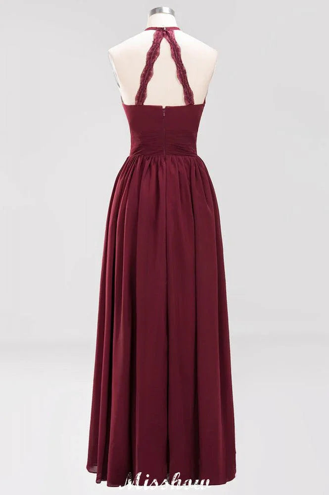 Appliques Halter Sleeveless Floor-Length Bridesmaid Dresses with Ruffles A-line Chiffon Evening Maxi Dress