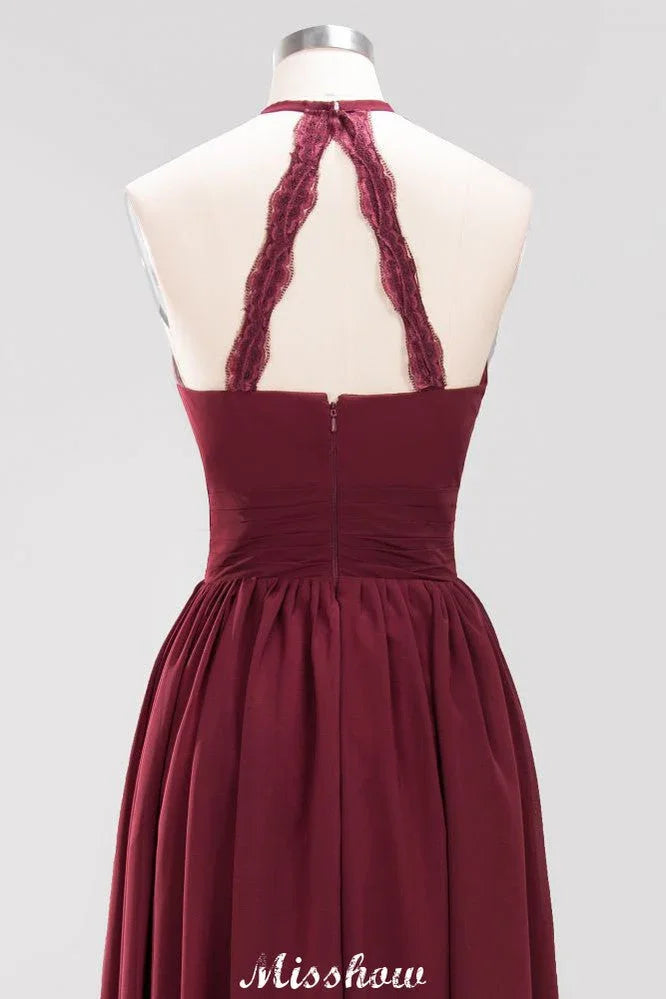 Appliques Halter Sleeveless Floor-Length Bridesmaid Dresses with Ruffles A-line Chiffon Evening Maxi Dress