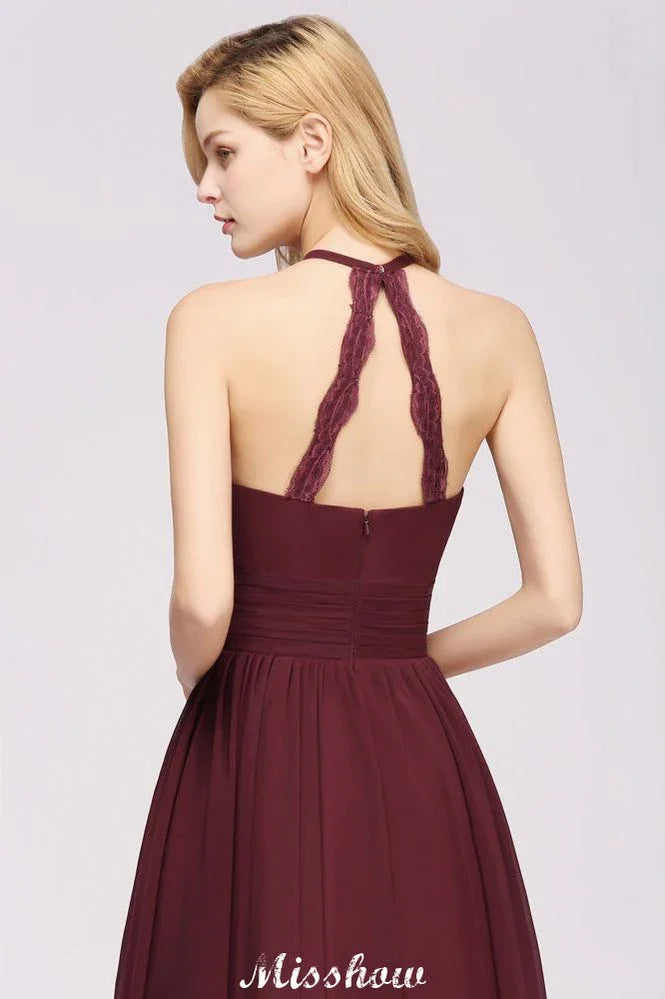 Appliques Halter Sleeveless Floor-Length Bridesmaid Dresses with Ruffles A-line Chiffon Evening Maxi Dress