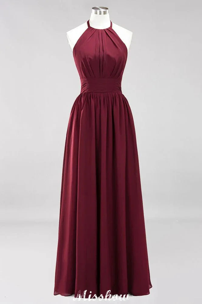 Appliques Halter Sleeveless Floor-Length Bridesmaid Dresses with Ruffles A-line Chiffon Evening Maxi Dress