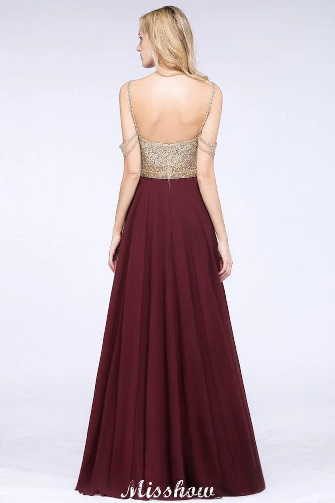 Appliques Spaghetti Straps Prom Dresses | A-Line Sleeveless Evening Dresses