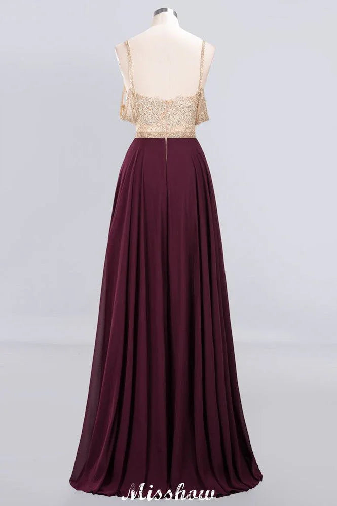 Appliques Spaghetti Straps Prom Dresses | A-Line Sleeveless Evening Dresses