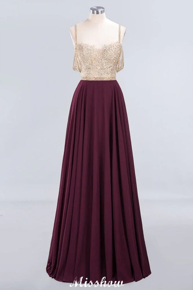 Appliques Spaghetti Straps Prom Dresses | A-Line Sleeveless Evening Dresses