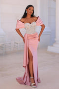 Attractive Long Pink Mermaid Off-the-shoulder Lace Beading Prom Dress with Slit