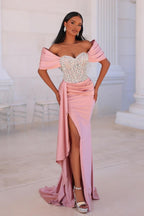 Attractive Long Pink Mermaid Off-the-shoulder Lace Beading Prom Dress with Slit