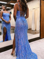 Aurum | Scoop Neck Hot Pink Mermaid Sequins Long Prom Dresses with Beading