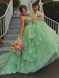 Azurena | Ball Gown Sweetheart Sage Green Tulle Long Prom Dresses with Appliques