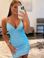 V Neck Blue Sequins Homecoming Dress