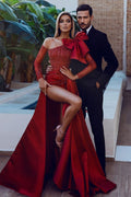 Bow Burgundy Long Sleeve Sequins Mermaid Prom Dress With Split