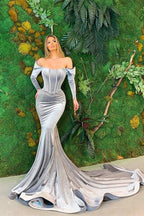 Long Off the Shoulder Velvet Mermaid Prom Dress with Sleeves