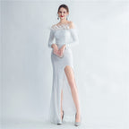High Density Ostrich Hair Sequin Off Shoulder Fishtail Evening Dress