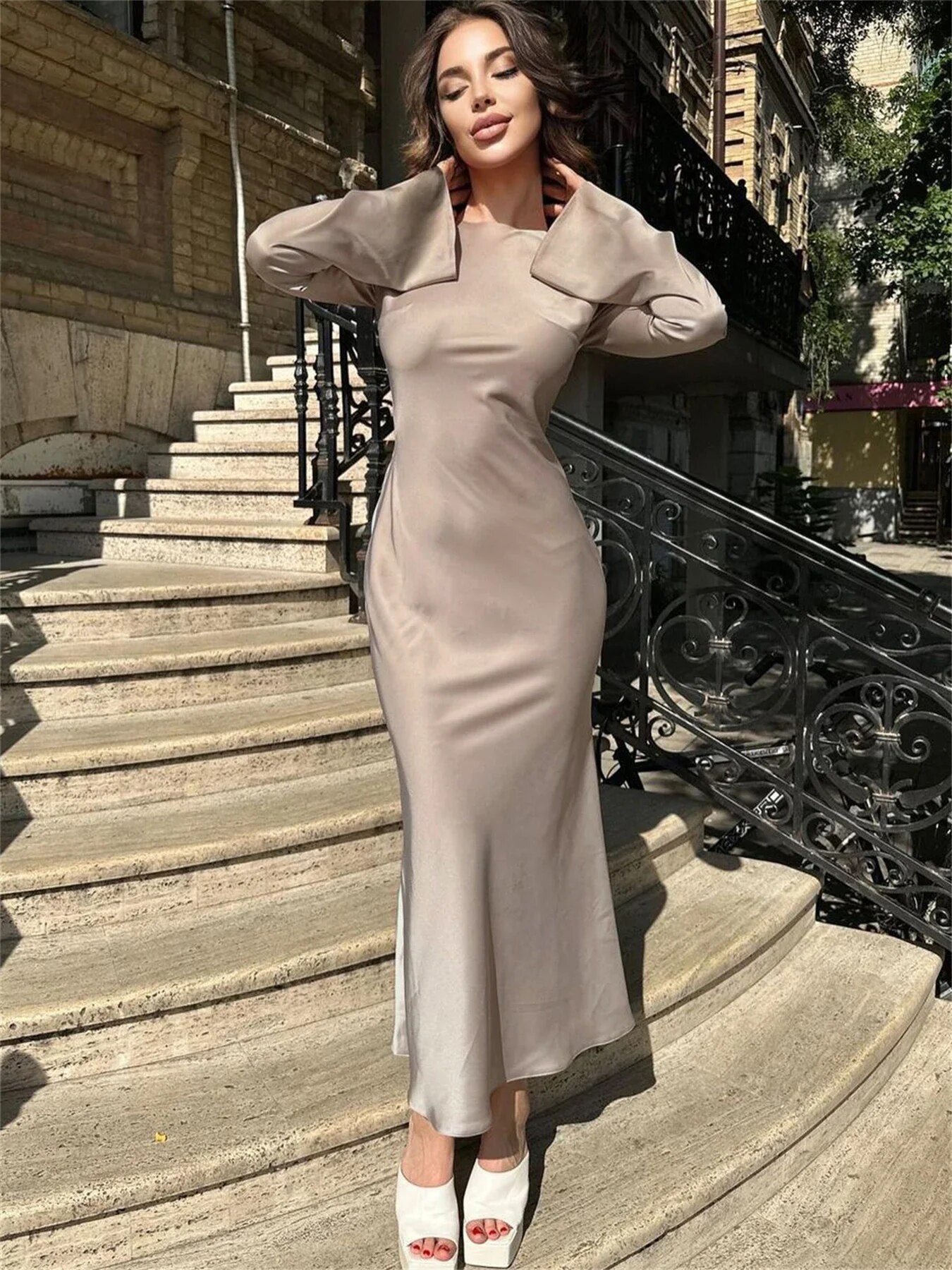 TARUXY Stain Slim Maxi Dresses For Women Elegant Solid Party Evening Dress Women's High Waist Luxury Femme Autumn Fashion Dress