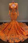 High Neck Mermaid Orange Prom Dress with Long Sleeves Sequins Lace