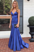 Regal Blue Mermaid V-Neck Evening Gown with Spaghetti Straps