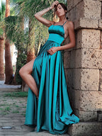 Open Back Split Front Spaghetti Straps Long Prom Dress
