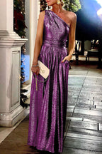Bronzing Slanted Shoulder Pocket Swing Dress