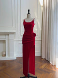 Glamorous Red Spaghetti Straps Sheath Slit Evening Dress Pleated Prom Dress With Flower Y8588