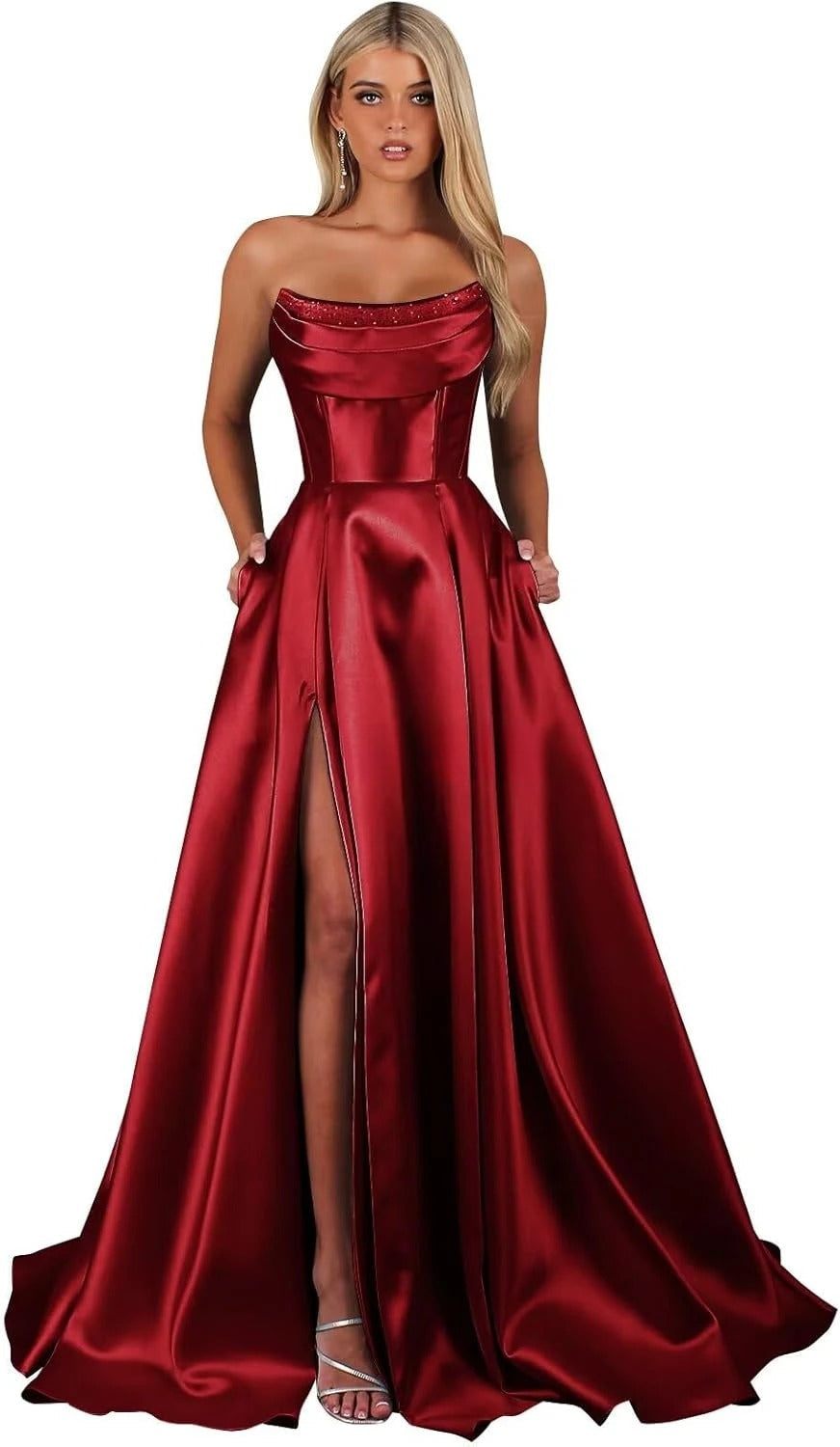 Strapless Corset Prom Dresses for Women with Slit Long Satin Formal Evening Gowns with Pockets Elegant Sleeveless Party Dress