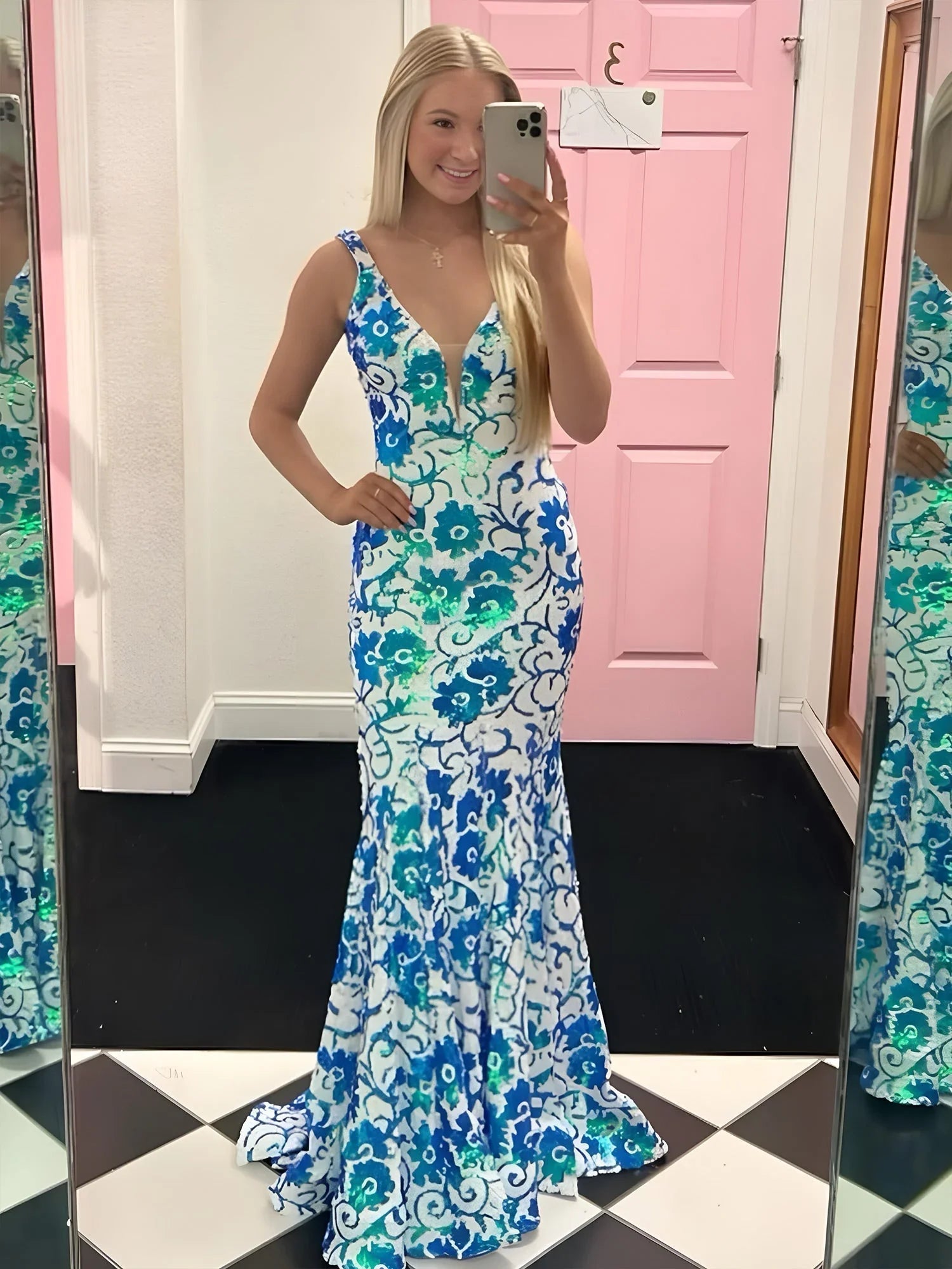 Bailey | Pink V Neck Sequin Lace Mermaid Prom Dress