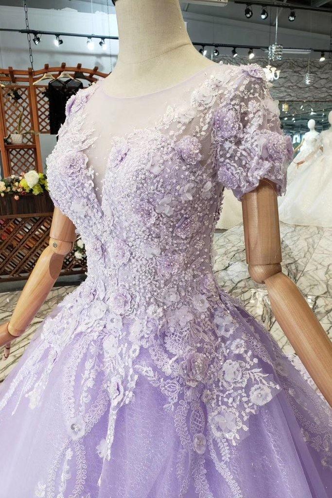 Ball Gown Lilac Short Sleeves Prom Dresses Wedding Dresses with Lace