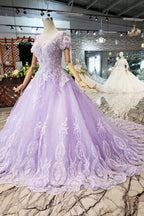 Ball Gown Lilac Short Sleeves Prom Dresses Wedding Dresses with Lace