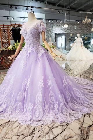 Ball Gown Lilac Short Sleeves Prom Dresses Wedding Dresses with Lace