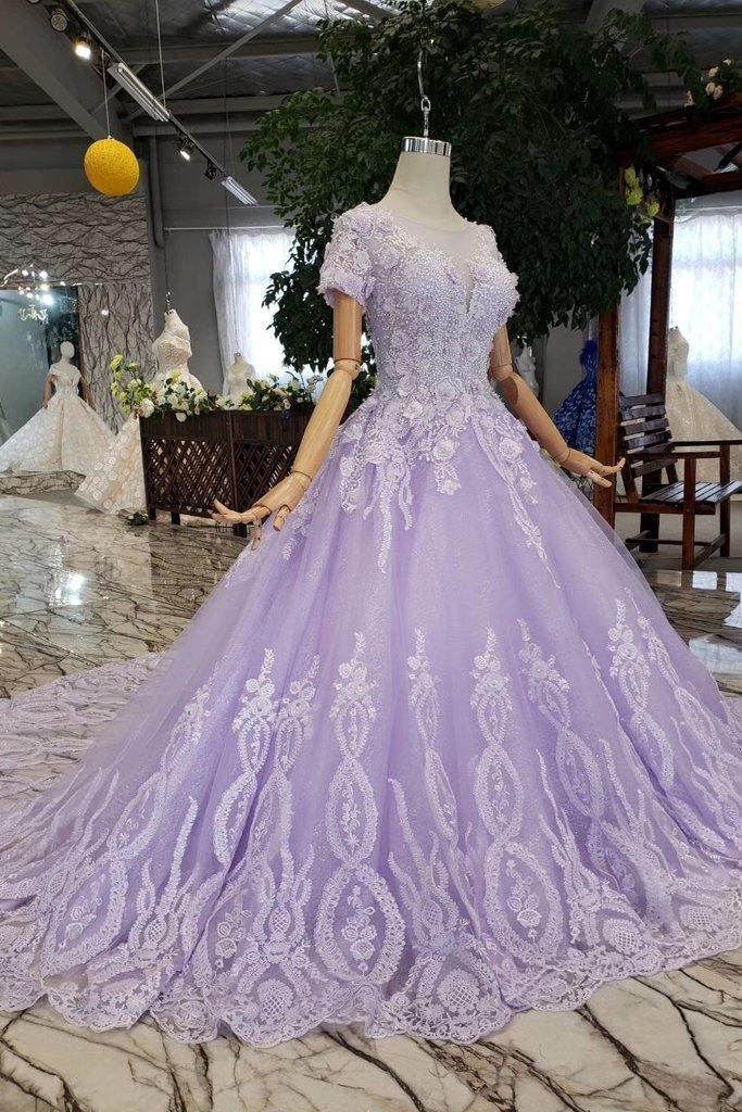 Ball Gown Lilac Short Sleeves Prom Dresses Wedding Dresses with Lace