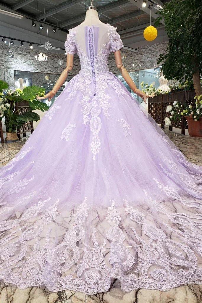 Ball Gown Lilac Short Sleeves Prom Dresses Wedding Dresses with Lace