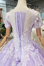 Ball Gown Lilac Short Sleeves Prom Dresses Wedding Dresses with Lace