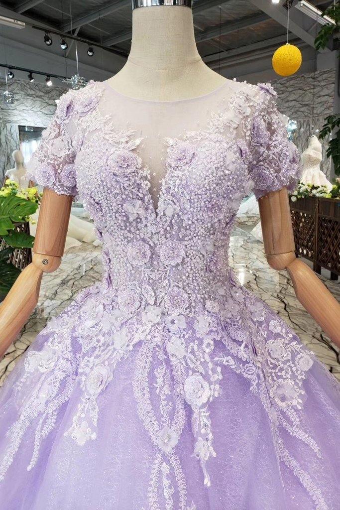 Ball Gown Lilac Short Sleeves Prom Dresses Wedding Dresses with Lace