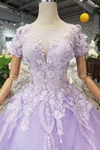 Ball Gown Lilac Short Sleeves Prom Dresses Wedding Dresses with Lace