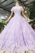 Ball Gown Lilac Short Sleeves Prom Dresses Wedding Dresses with Lace