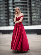 Ball Gown Off-the-Shoulder Satin Applique Sleeveless Floor-Length Prom Dresses