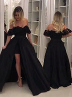 Ball Gown Sleeveless Off-the-Shoulder Lace Satin Prom Dresses
