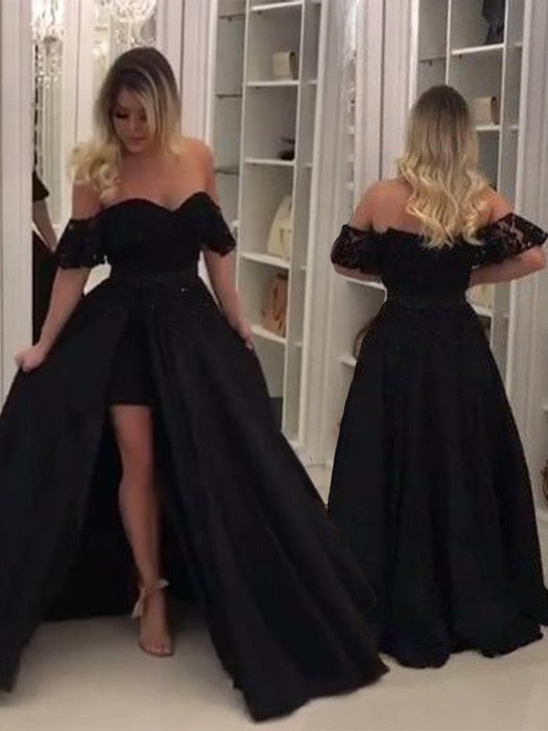 Ball Gown Sleeveless Off-the-Shoulder Lace Satin Prom Dresses