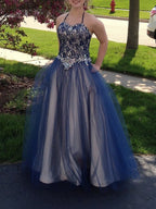Ball Gown Sleeveless Spaghetti Straps Beading Floor-Length Tulle Prom Dresses